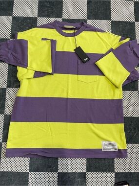 SNS World Purple Green Striped Long Sleeve Pocket Tee XL NWT